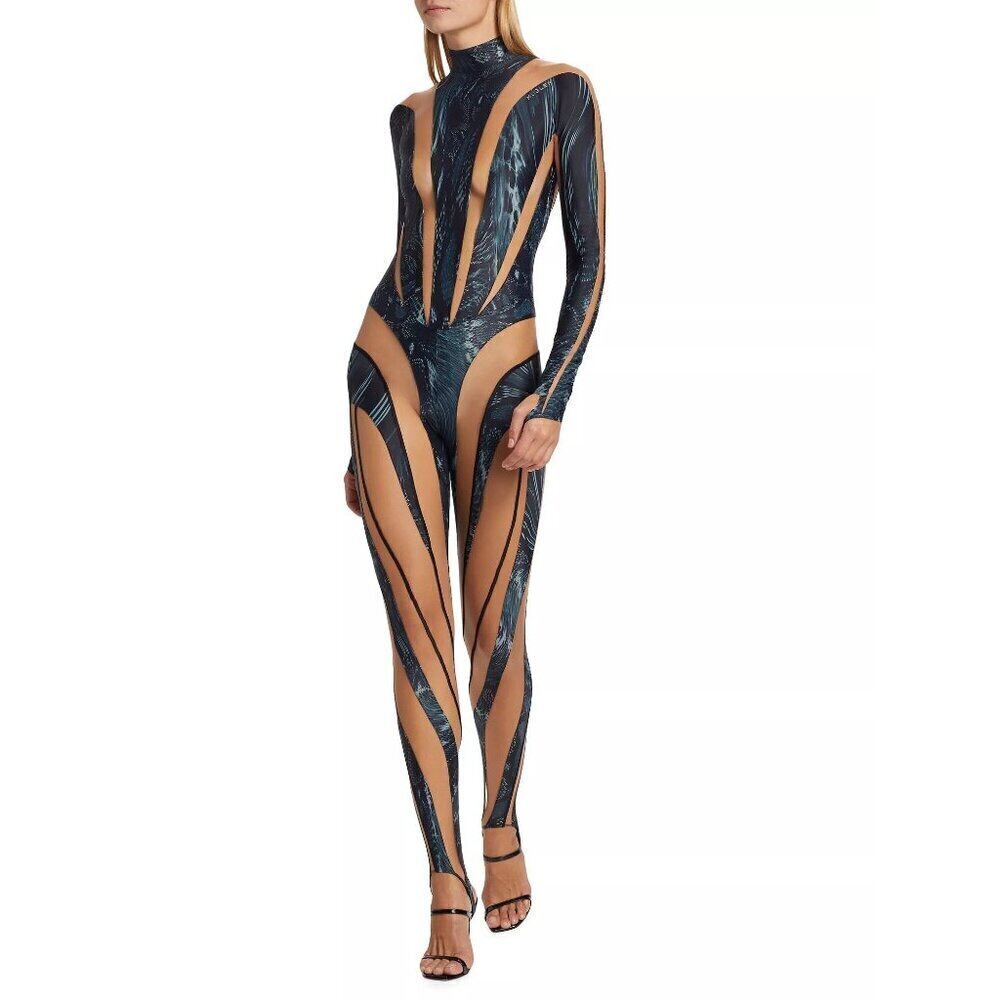 MUGLER Womens Long Sleeve Jumpsuit in Warped Snake Black Nude 34 New Catsuit - Picture 16 of 16